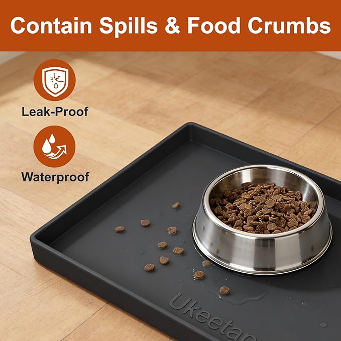 ukeetap Extra Thick Silicone Mat Waterproof with Raised Edge 19” x 12”, BPA Free Non-Slip Dog & Cat Food Mat, Feeding Mat for Food and Water Bowls, Spill Proof Mat to Protect Floors, Black