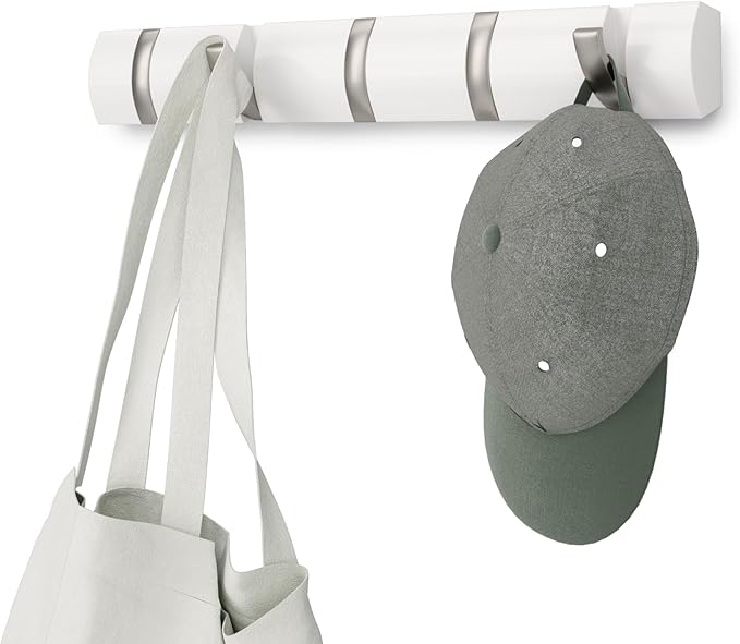 Umbra Flip Wall-Mounted Coat Rack with 5 Hooks – Modern, Space-Saving Storage for Hats, Jackets, Bags, Entryway, Mudroom, Closet, Bathroom, Bedroom – White/Nickel