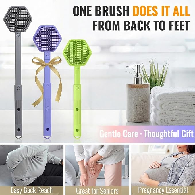 AIMAIAIMAI Silicone Back Scrubber for Shower – 21in Extendable Shower Brush with Long Handle – Dual-Sided Back Brush with Non-Slip Grip, Gentle Cleansing & Exfoliation for Men, Women, Elderly (Green)