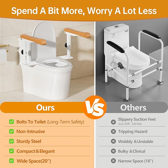 Simple Project 15.7" Toilet Safety Rails for Seniors, Flipped 90°＆Adjust Heigh Toilet Seat Handle, Super Sturdy 500LBS Toilet Safety Frame for Disabled or Mobility Issues, Grab Bars Arms(Brown)