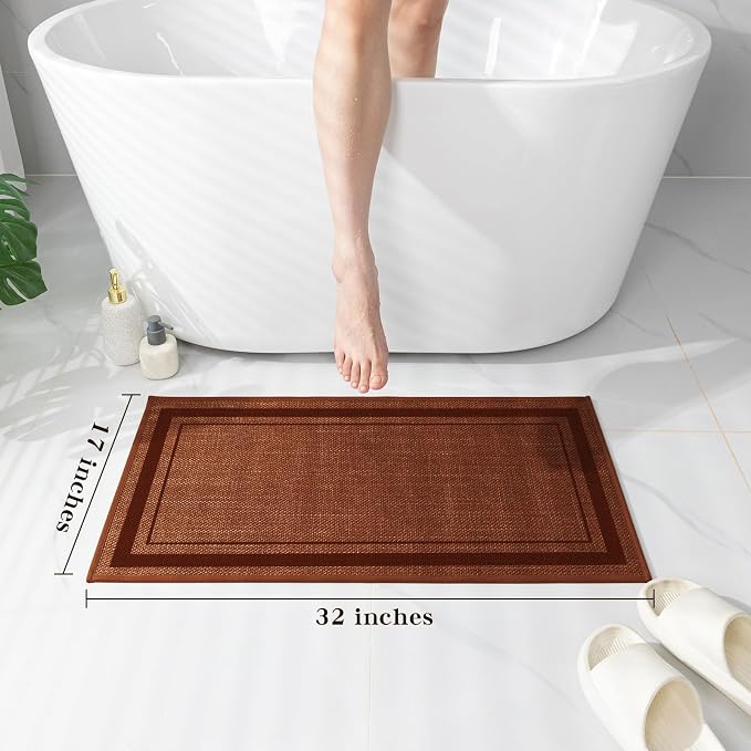 chakme Bathroom Rugs Mat 32x17, Ultra Thin Non Slip Bath Mat Quick Dry Absorbent Bath Mat for Bathroom Floor, (Rust, 32"x17")