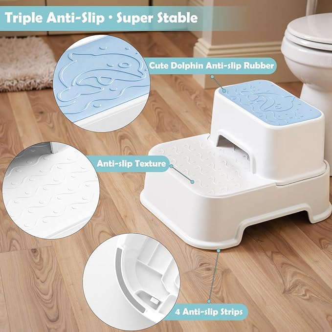 2 Step Toddler Step Stool, Non-Slip Multifunctional Kids Step Stool for Bathroom Sink & Toilet Potty Training,Supports Up to 220 lbs (2 Packs, Blue)