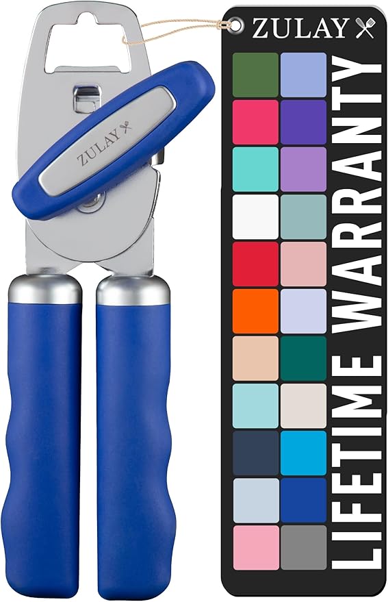Zulay Kitchen Heavy Duty Stainless Steel Can Opener Manual with Bottle Opener - Rust Proof Manual Can Opener With Turn Knob & Comfy Soft Grip Handles - Royal Blue