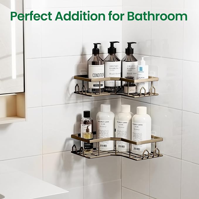 Adhesive Shower Caddy, 4 Pack Corner Bath Organizer, Rustproof Stainless Steel Shower Shelves with Large Capacity, No Drilling Shelves for Bathroom Storage, Home, Kitchen Decor(Brown).