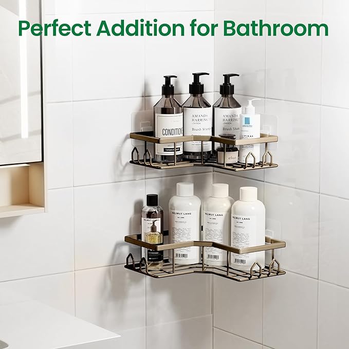 Adhesive Shower Caddy, 2 Pack Corner Bath Organizer, Rustproof Stainless Steel Shower Shelves with Large Capacity, No Drilling Shelves for Bathroom Storage, Home, Kitchen Decor (Brown).