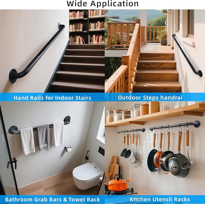 45 Inch Black Wall Mount Hand Rails for Indoor Stairs, Interior Staircase Handrail, Outdoor Metal Stair Railing for Exterior Steps, Banister Deck Rails,Safety Grab Bar for Elderly