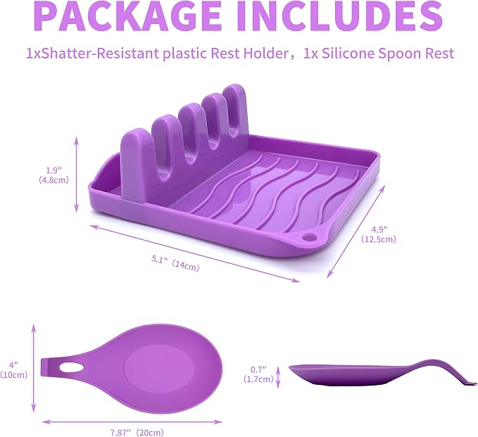 2 Pack Multiple Utensil Spoon Rest with Drip Pad Non-Slip Heat Resistant Kitchen and Grill Spoon Holder for Spatula, Ladle, Tongs, Kitchen Gadgets, and Cooking Accessories (Noble Purple)