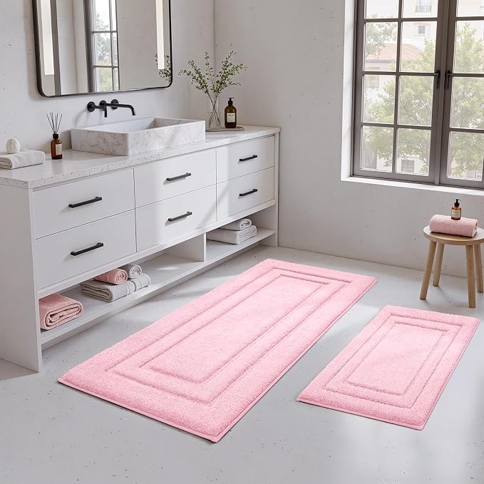 HOMEIDEAS 2 Pieces Large Bathroom Rug, Super Soft and Absorbent Long Rugs, Non Slip and Microfiber Bath Mat for Bathroom Decor (20"x47"+16" x 24", Light Pink)
