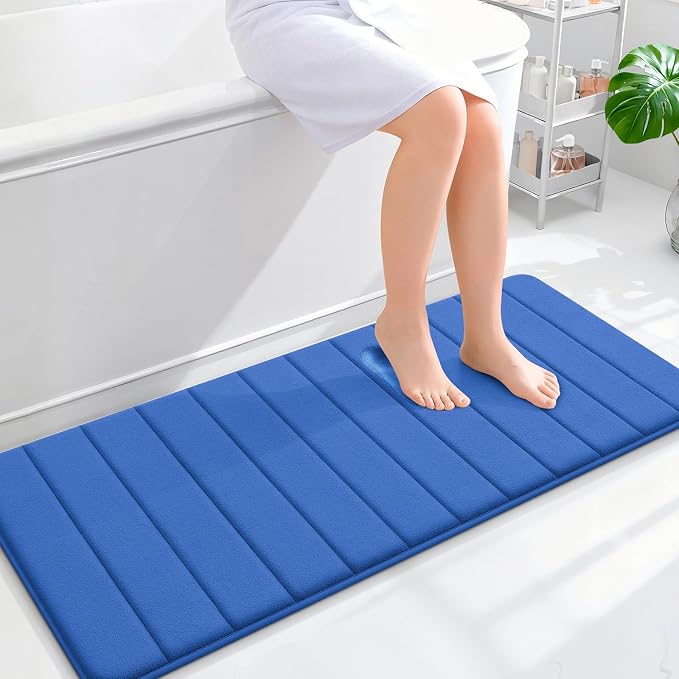 OLANLY Memory Foam Long Bathroom Rugs Runner 47x20, Super Soft Absorbent Bath Mat, Quick Dry, Machine Washable Shower Rugs, Bathmat Carpet, Bathroom Home Decor Accessories, Deep Navy Blue
