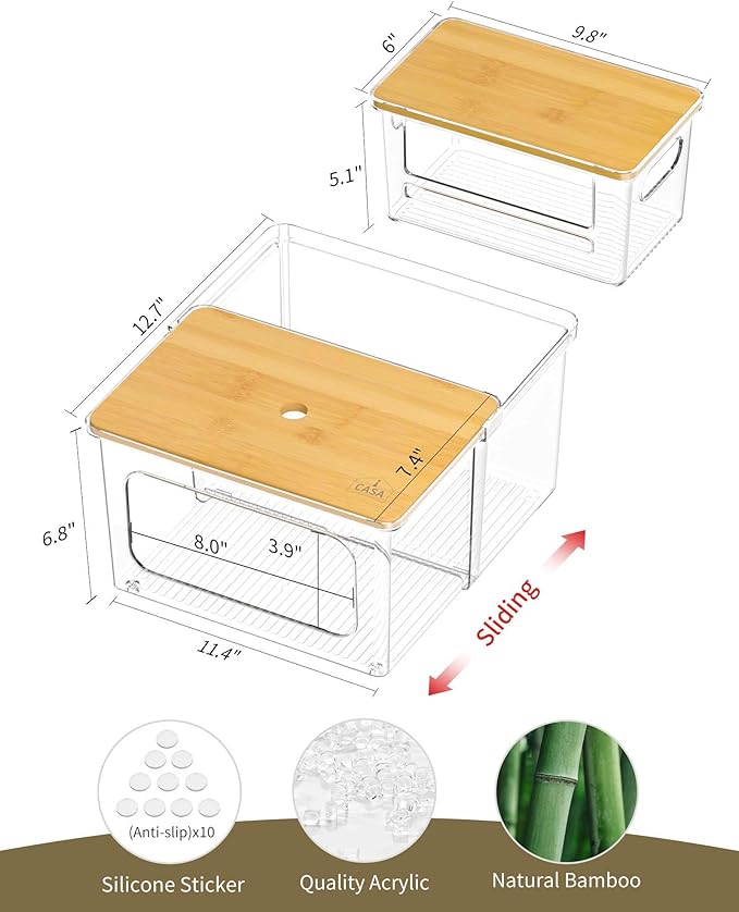 iCASA Trash Bag Dispenser Holder - 3 in 1 Acrylic Under Sink Organizer Garbage Bags Container with Bamboo Lid, Holds up to 100 Count 13/30/33 Gallon Bag Roll for Kitchen, Pantry, Laundry Room Storage