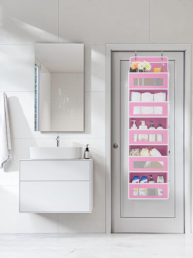 JARLINK 2 Pack Over The Door Organizer Storage, 5 Shelf Hanging Door Organizer with 5 Large Capacity Pockets, Anti Tilt 44 lb Load Behind Door Storage for Bedroom, Bathroom, Pantry, Nursery, (Pink)