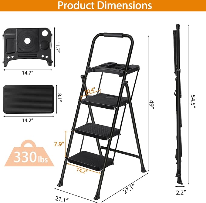 3-Step Ladder with Tool Tray, Folding Step Stool with Wide Anti-Slip Pedal, Heavy Duty Steel 330 lbs Load Capacity for Home, Attic, Office, Garage, Shop, Black