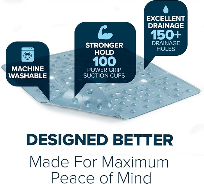 SlipX Solutions 27" Oversize Square Shower Mat, Non-Slip Mat for Elderly & Kids, 100+ Power Grip Suction Cups for Smooth Surfaces, Machine Washable, Dusty Blue