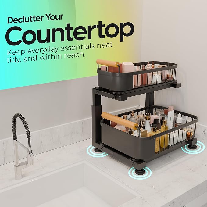 Premium Heavy Duty Carbon Steel Under Sink Organizer, Large 2 Tier Pull Out Cabinet Organizer, 7 Adjustable Heights with Smooth Ball Bearing Sliding Baskets for Bathroom & Kitchen