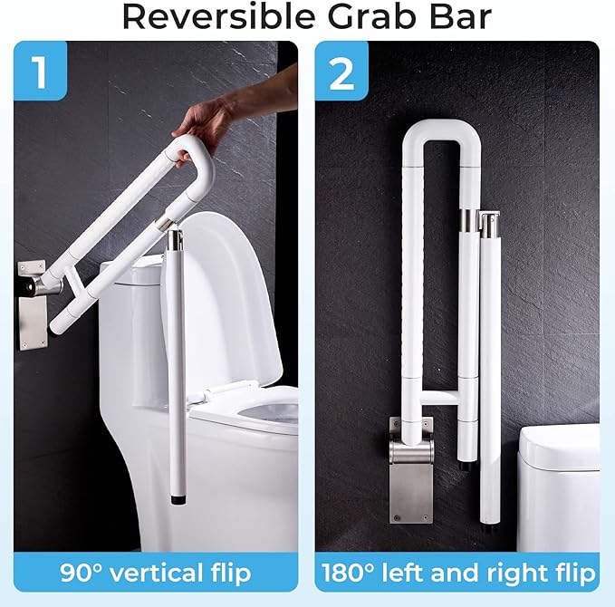 Modunful Upgraded Handicap Grab Bar for Bathroom, Flip Up Toilet Hand Rail for Elderly, Disabled, Pregnant, 23.6 Inch, White, Textured Finish, Stainless Steel