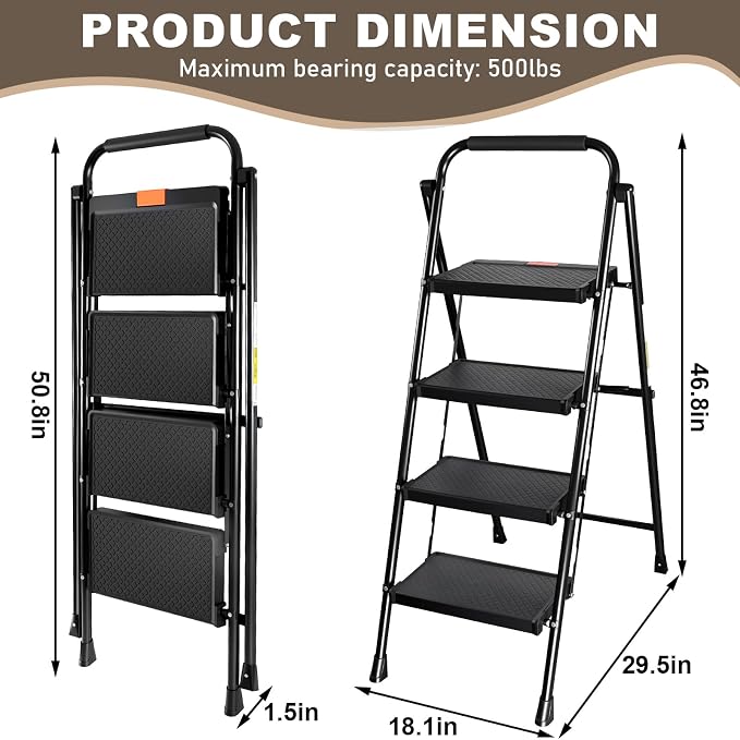 Valeo 4 Step Ladder, 4 Step Ladder for Adults with with Safe-Lock Design, Wide Anti-Slip Pedal, 500lbs Sturdy Steel Ladder, Step Stool Foldable with Cushioned Handle,Black
