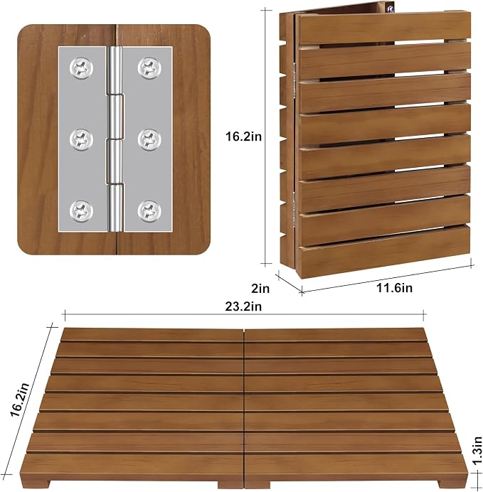 Teak Shower Mat - Foldable Wood Bath Mat, Floor Mat for Bathtub, Door, Spa, Sauna, Pool, Ideal for Indoor Outdoor