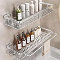 EVALAND Shower Caddy Adhesive 2-Pack with Hooks and Rod for Towels, Silver – Premium Bathroom Shower Shelves, Shampoo Organizer, Bathtub Shelf, Rustproof, Easy Installation, Sturdy Modern Look