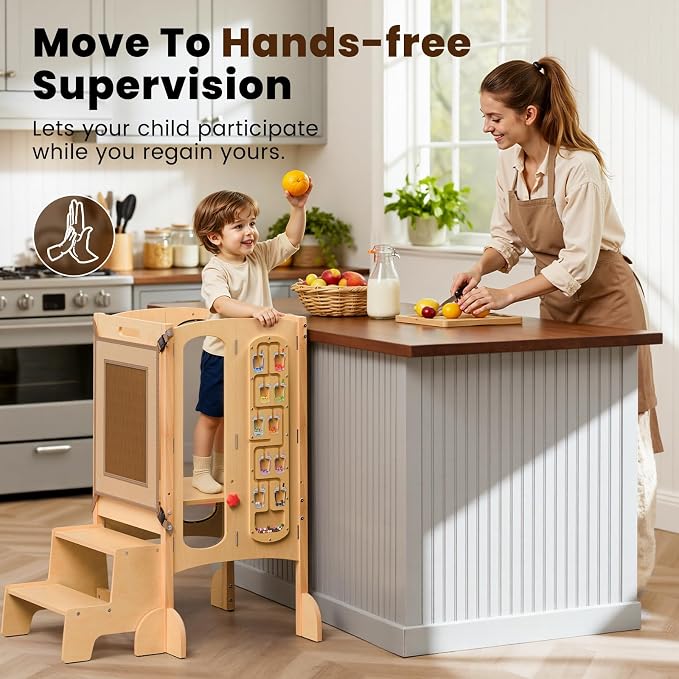 JUZBOT Toddler Tower- Foldable Wooden Kitchen Stool Helper with Safety Net, Anti-Tip Base, Detachable Step, Chalkboard & Whiteboard, 150lb Capacity, Montessori Gift for Kids 18M-5Y