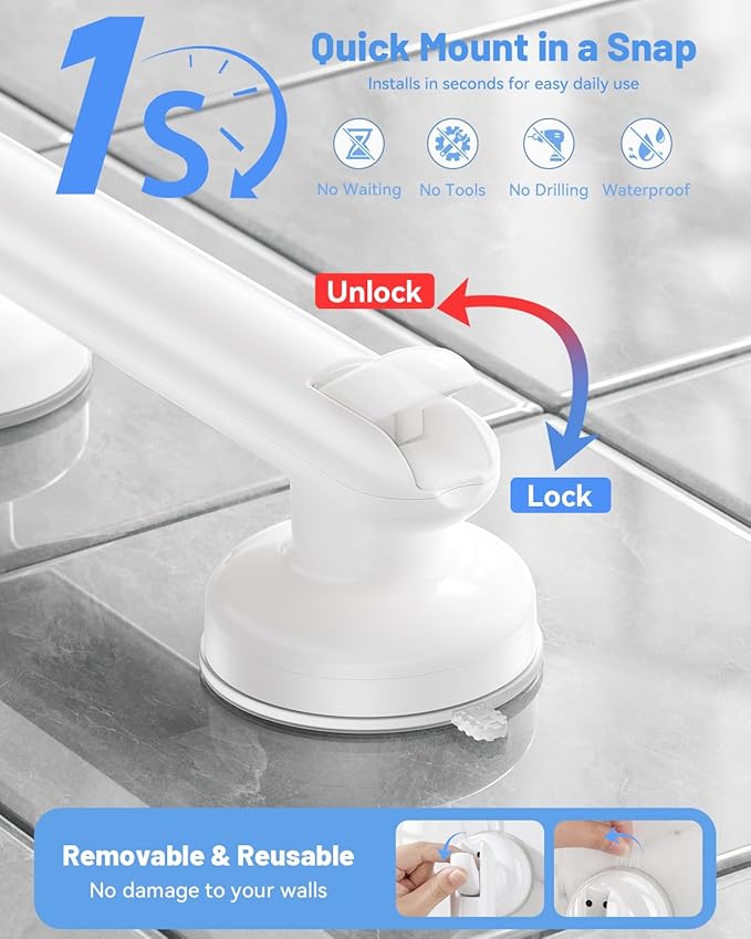 JOTPE Grab Bars for Shower, No Drilling & Removable Suction Cup Grab Bars, Heavy Duty Shower Handle for Seniors Elderly Handicap, Safety Bath Handrail for Balance Assistance, 2 Pack, White, 11 Inch