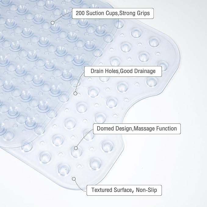 Extra Long Clear Bathtub Mat Non Slip, Soft Bath Mat for Tub 40 x 16 Inch Full Size, Bath Tub Shower Mats for Bathroom Floor with Big Suction Cups and Drain Holes, Easy Washable, BPA Free