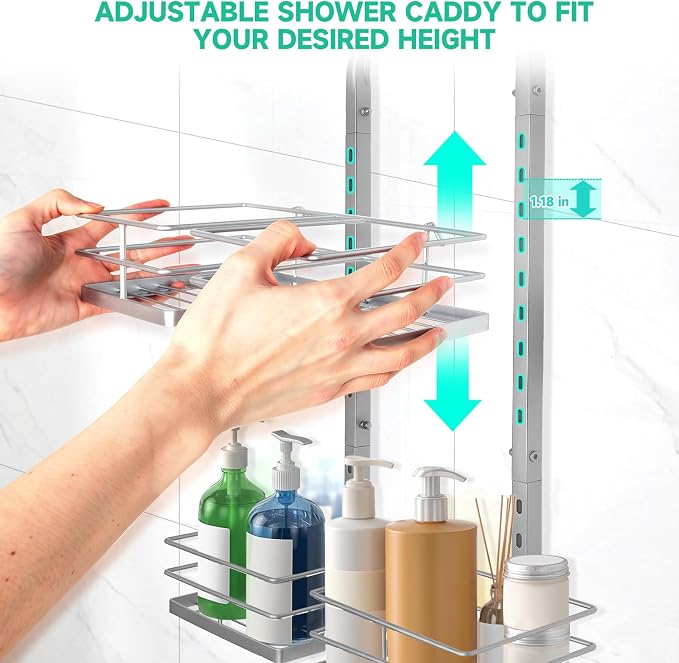 Shower Caddy Hanging for Handheld Showerheads Adjustable Hagging Shower Caddy, Stainless Steel Hose Hanging Shower Organizer 4 Levels Height Shower Rack (Sliver)