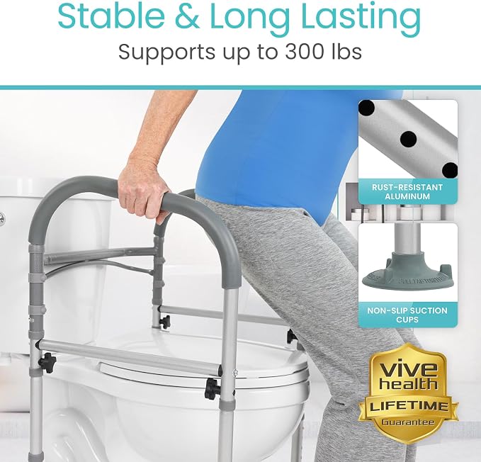 Vive Toilet Safety Rail - Medical Chair for Handicapped & Seniors - Folding Bathroom Frame w/Handles, Arms for Elderly, Disabled - Standalone Grab Bar - Seat Assistance Support Stand Up Assist