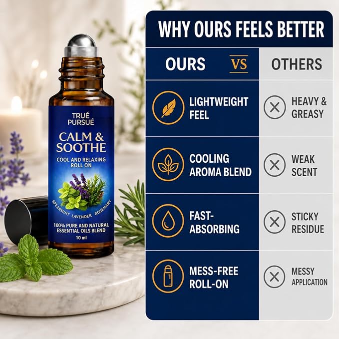 Soothe & Calm Essential Oil Roll On – Frankincense & Lavender Essential Oil Roller – Stress Relief Oil Roll On – 100% Pure Aromatherapy Calming Oils for Anxiety, Migraine & Sleep – 10ml TRUÉ PURSUÉ