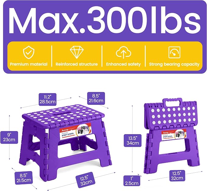ACSTEP Folding Step Stool Portable Collapsible Plastic Step Stool, Foldable Step Stools, Non Slip Folding Stools for Kitchen Bathroom Bedroom (Purple)