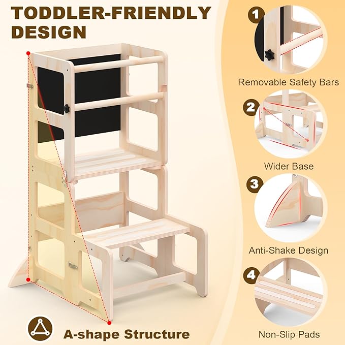 Toddler Kitchen Step Stool, 4-in-1 Foldable Standing Tower with Blackboard, Toddler Step Stool for Bathroom Sink, Kitchen Counter, Ages 18 Months+, 1-3 Year Old Boy Girl Gifts