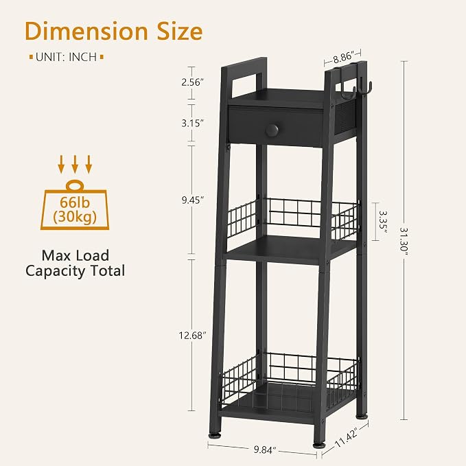 Gewudraw 3-Tier Narrow Ladder Shelf with Drawer, Bathroom Table Stand for Small Space, Narrow Bathroom Standing Shelves with Storage for Living Room Bedroom Kitchen, Black