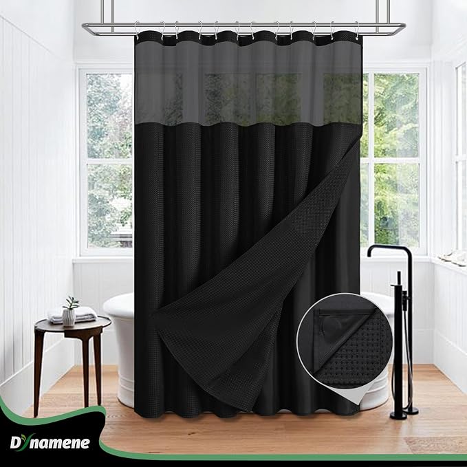 Dynamene Fabric Shower Curtain with Snap in Liner, Black Waffle Hotel Shower Curtains for Bathroom, Washable Waterproof Cloth Shower Curtain Liner Set with Plastic Hooks, Mesh Top Window, 72x72