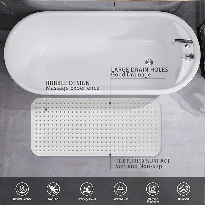 SELIBRE Extra Large Non-Slip Bathtub Mat 36x17, TPR Shower Mat 198+ Suction Cups, Bath Mat for Elderly Kids Pet Dog Grooming, Machine Washable Fast Draining Bathtub Liner, Foot Massage for Inside Tub