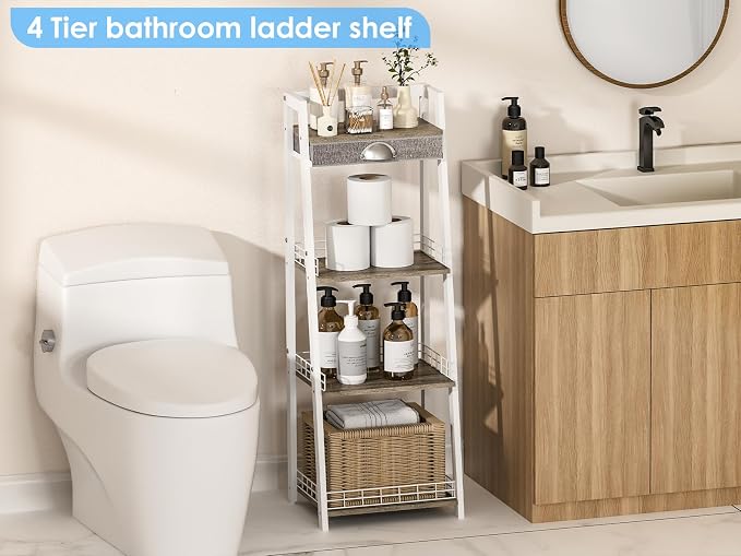 keomaisyto 4-Tier Elegant Ladder Shelf, Bathroom Storage Shelf, Ladder Bookshelf with Drawer, Freestanding Storage Shelves for Bathroom Living Room Study Office, White