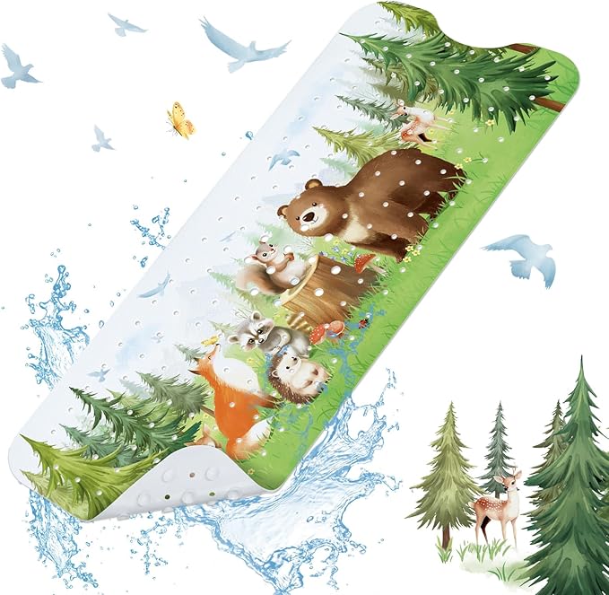 SHUCHING Woodland Animal Bath Mat for Tub Non Slip-40 X 16 Inch, Bathtub Mat Non Slip for Baby Kids, Long Toddler Shower Mat for Bathroom