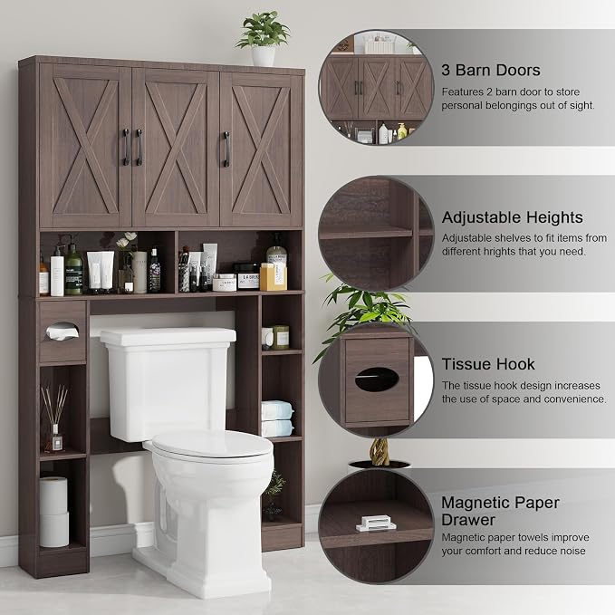 Over The Toilet Storage Cabinet, Farmhouse Toilet Cabinet Rack with 3 Barn Doors, Space Saving Bathroom Organizer with Shelves, Toilet Paper Holder and Towel Rack for Bathroom,Restroom, Espresso