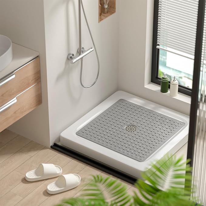 HITSLAM Non Slip Shower Stall Mat with Center Drain Hole, Diamond Textured PVC Bath Mat for Inside Shower, Machine Washable, Strong Suction Cups for Bathroom Bathtub Mat, 24x24 Inch, Grey