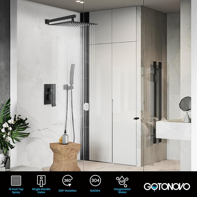 gotonovo Rainfall Bathroom Shower System Rain Shower Head and Handle Set Wall Mounted Shower Complete Combo Solid Brass Pressure Balancing Shower Mixer Valve 16 Inch Matte Black