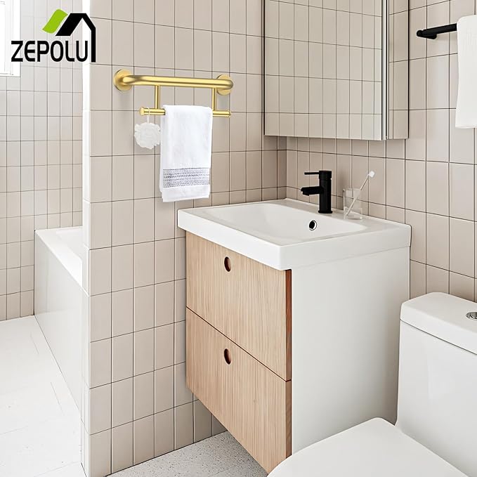 Brushed Gold Grab bar 17 inch - 1.25” Diameter, Zepolu 2-in-1 Bath Towel Bars for Bathroom, Stainless Steel Safety Assist Bar Balanced Support Handle, Wall Mounted Towel Grab Bars for Senior Handicap
