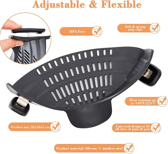 S&F Homes Silicone Clip On Strainer for Pots and Pans - Heat Resistant, Food, Noodle, Meat, Fruits, Vegetables and Pasta Strainer - Versatile Kitchen Gadget and Colander (Black)