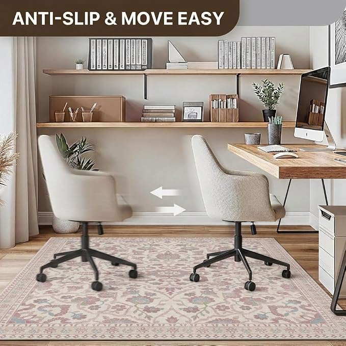 48"x72" Office Chair Mat for Hardwood Tile Floor, Under Desk Carpet Protector for Rolling Computer Chair Mat, Machine Washable Area Rug, Anti-Slip 1/5" Thick Low Pile Thin Vinyl Floor Mat, Dusty Rose