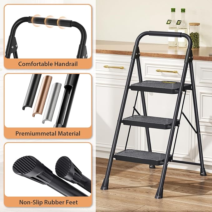 TOOLF 3 Step Ladder, Sturdy Steel Step Stool with Anti-Slip Wide Pedals, Handrail, Safe-Lock Design, Folding Portable Ladder for Multi-Purpose, Home, Kitchen, Pass 800lbs Load Testing, Black