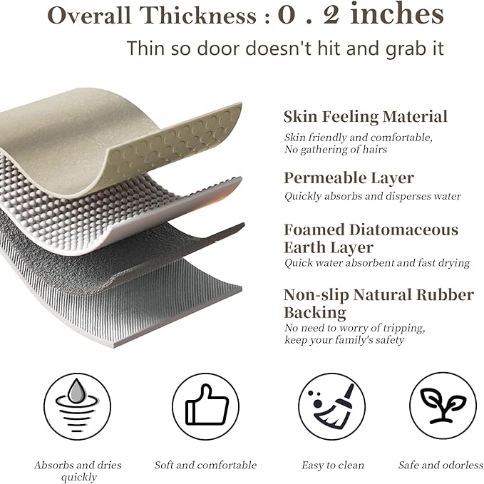 RUERYA Beige Bathroom Mat Rugs 15.7" x 47.2" Super Absorbent Quick Drying Diatomaceous Earth Bath Mats for Bathroom Non Slip Rubber Backed Thin Bathroom Rugs Floor Mat, Machine Washable