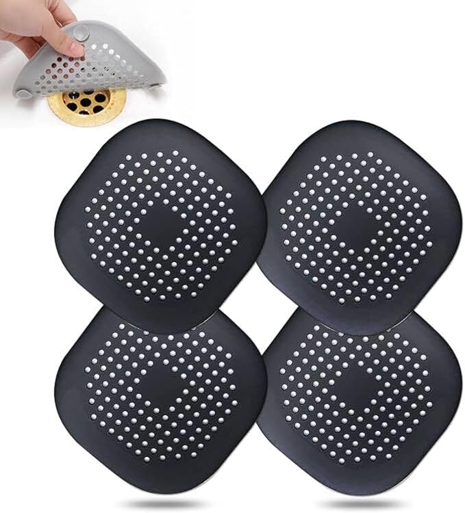 Hair Drain Catcher,Square Drain Cover for Shower Silicone Hair Stopper with Suction Cup,Easy to Install Suit for Bathroom,Bathtub,Kitchen 4 Pack (Jet Black)