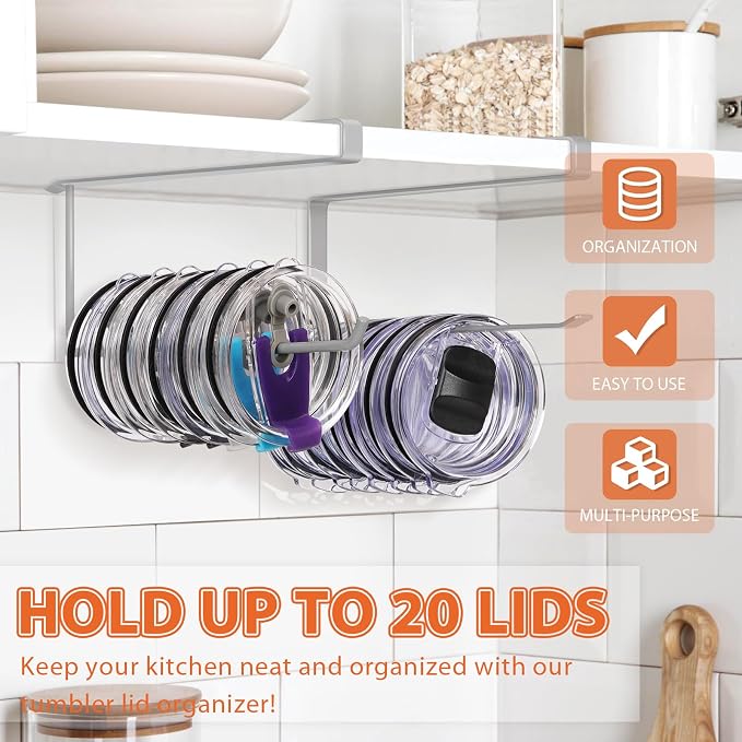2 Pack Tumbler Lid Organizer, Horizontal Tumbler Lid Storage Hook Up to 20 Lids, Space Saving Cup Lid Holder Under Cabinet Tumbler Lid Hook for Kitchen Organizer, Paper Towel Hanger(Round&Flat, Grey)