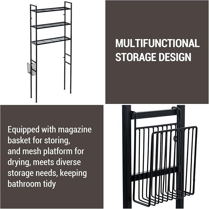 MyGift 3 Tier Over The Toilet Storage, Freestanding Bathroom Organizer Shelf, Above Toilet Rack with Removable Magazine Holder Basket, Black Metal Cabinet for Laundry Space Saver, 26.4x7.8x63.6 Inch
