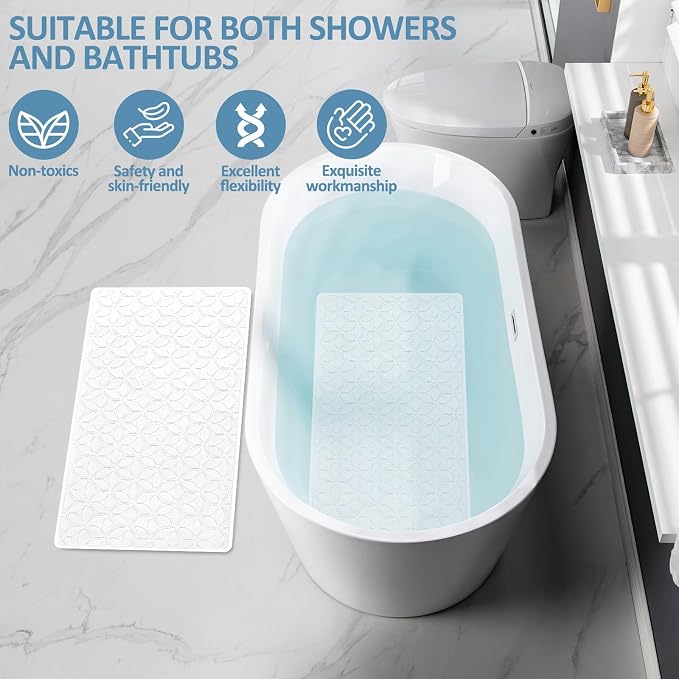 Non Slip Bathtub Mat | Real Rubber Bath Mat for Tub and Shower, Shower Mat for Daily Safety, Pet Dog Mat, Soft No-Slip Bath Mat | Nonskid Bathroom Tub Mat, 16” x 28”（White）