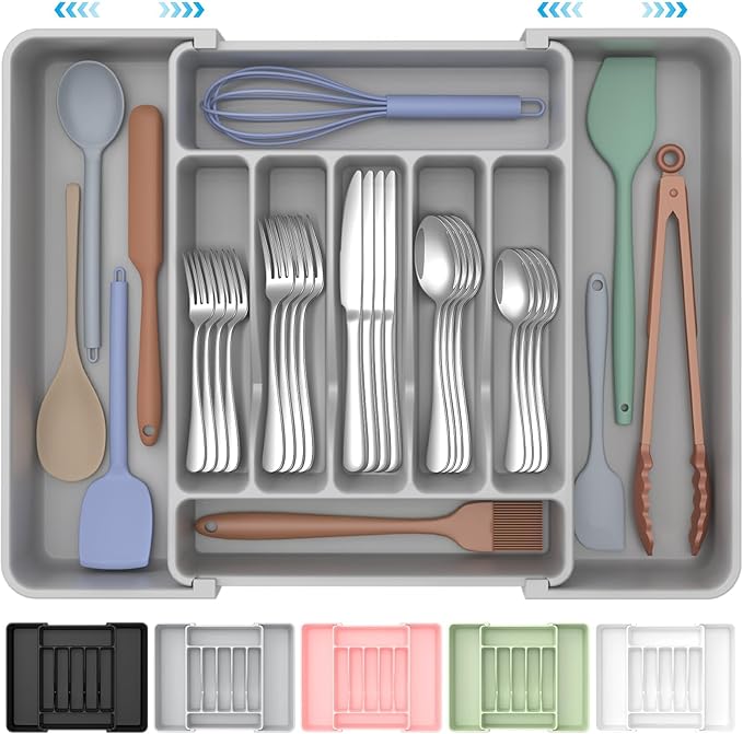 ukeetap Extra Large Expandable Silverware Organizer, BPA-Free Food-Safe Cutlery Flatware Organizer, Kitchen Utensil Drawer Organizer, Adjustable Silverware Holder for Spoons Forks Knives, Gray