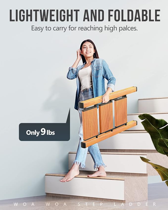 WOA WOA 3 Step Ladder, Foldable Step Stool, Aluminum Lightweight Ladder for Home Kitchen Closet, Anti-Slip Pedals, Ease of Folding, Portable, 300lbs Capacity - Wood Grain