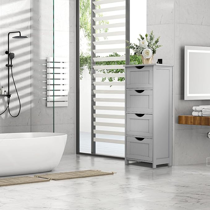 Bonnlo Skinny Bathroom Floor Storage Cabinet, 12 Inch Wide Deep Small Storage Organizer with 4 Drawers, Wooden Modern Grey Thin Free Standing Tower Cabinet w/ 4 Cute Drawers for Bathroom, Living Room